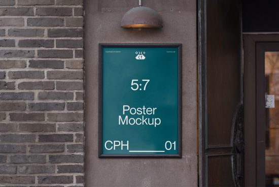 Poster mockup displayed outdoor on a wall with elegant lamp overhead suitable for realistic branding graphics presentation
